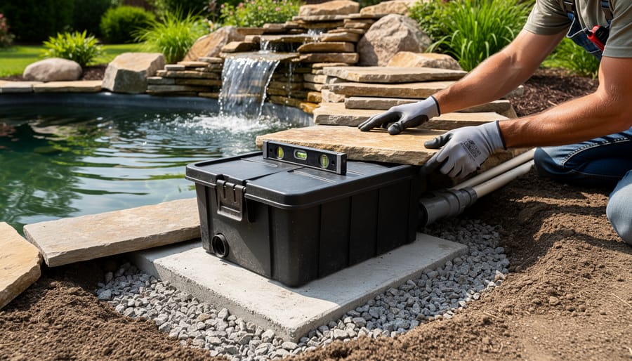 Hands positioning waterfall filter on stone foundation at pond edge during installation