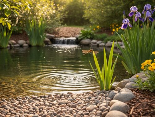 Eye-level view of a backyard wildlife pond with a shallow pebble beach entry, irises and marsh marigolds, gentle ripples from a small stone bubbler, and a dragonfly perched on an iris stem in warm morning light, with native shrubs and leaf-litter zones softly blurred in the background.