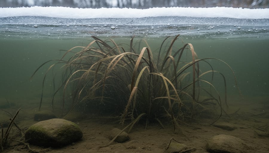 Frozen pond surface with dormant plant stems visible through ice in winter