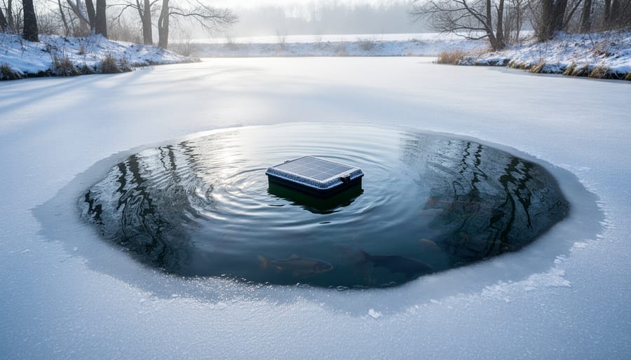 Winter pond with ice-free breathing hole maintained by de-icer with koi fish visible in open water