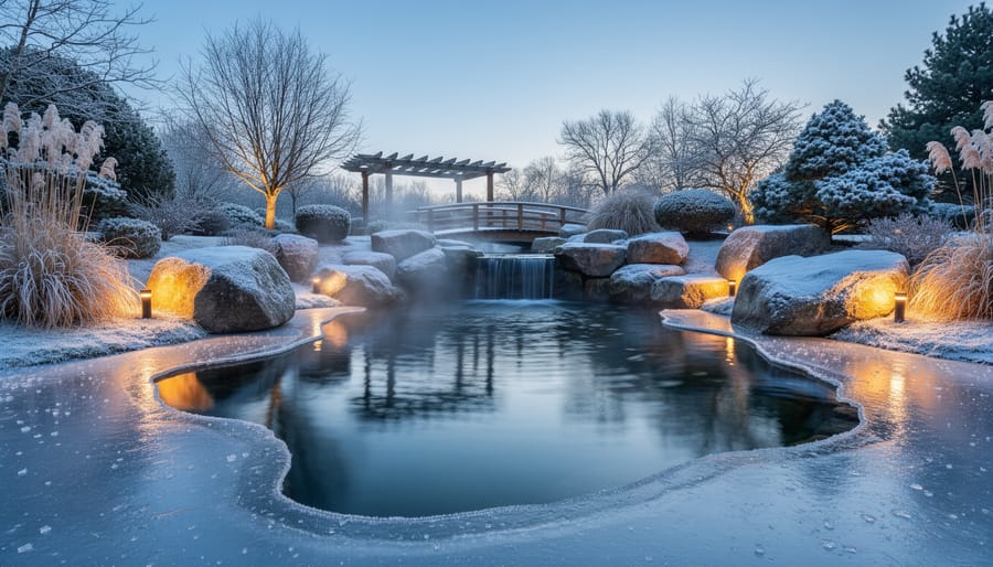 Winter water garden with snow, ice formations, stone bridge, and underwater lighting at twilight
