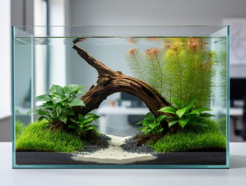 Rimless 5-gallon aquarium with off-center driftwood focal point, sloped back-to-front substrate, dwarf hairgrass carpet, Anubias nana midground, and rotala background, lit by soft side daylight with a blurred home office behind.