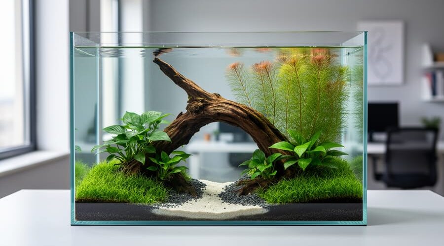 Rimless 5-gallon aquarium with off-center driftwood focal point, sloped back-to-front substrate, dwarf hairgrass carpet, Anubias nana midground, and rotala background, lit by soft side daylight with a blurred home office behind.
