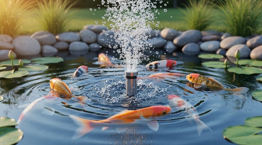 Active aeration diffuser bubbling in a clear garden pond with koi and goldfish swimming through the oxygen plume, lily pads on the surface, and softly blurred rocks and plants in warm morning light.