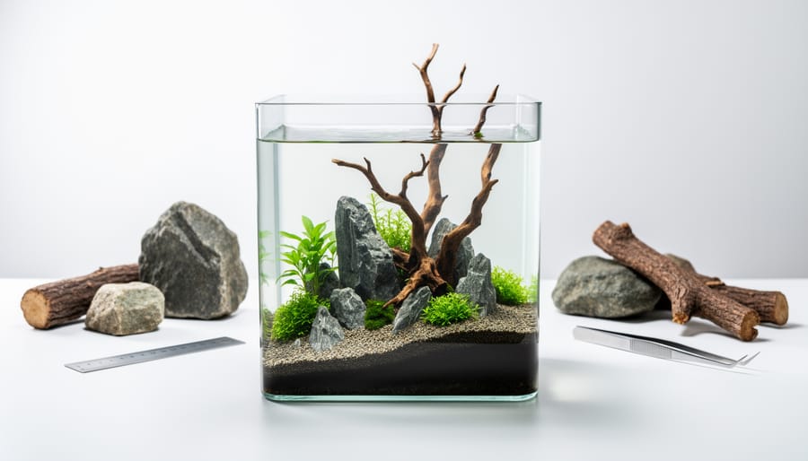 Assortment of aquascaping hardscape materials including rocks, driftwood, and substrate