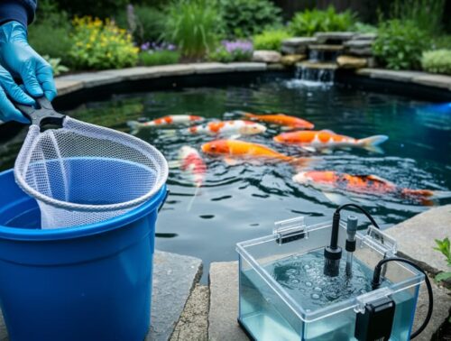 Gloved hands sanitize a fish net in a blue bucket next to a backyard koi pond, with colorful koi near the surface and a small aerated quarantine tub and garden plants softly blurred in the background, lit by soft natural daylight.
