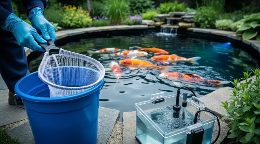 Gloved hands sanitize a fish net in a blue bucket next to a backyard koi pond, with colorful koi near the surface and a small aerated quarantine tub and garden plants softly blurred in the background, lit by soft natural daylight.