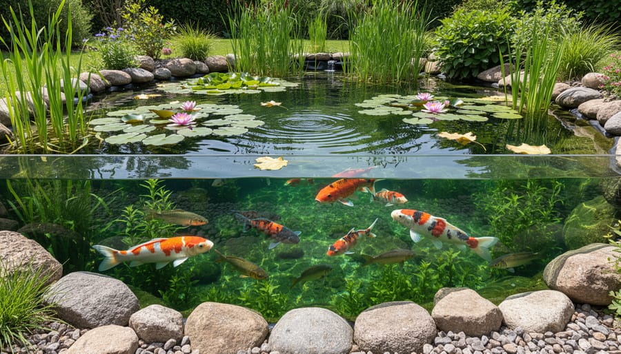 Overhead view of diverse pond ecosystem with water lilies, aquatic plants, and colorful fish