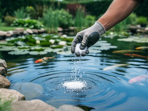 Gardener sprinkling white mineral granules at the edge of a lush backyard pond with water lilies under soft daylight, suggesting safe potassium nutrient management.