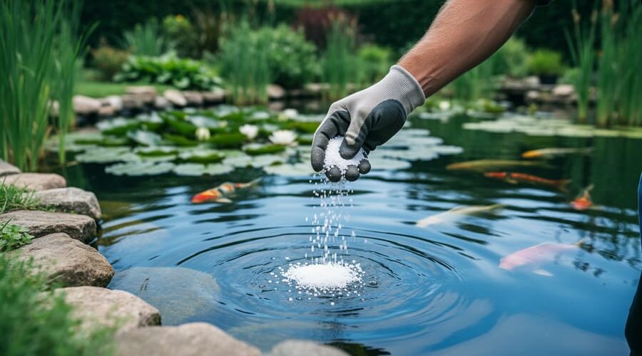 Gardener sprinkling white mineral granules at the edge of a lush backyard pond with water lilies under soft daylight, suggesting safe potassium nutrient management.