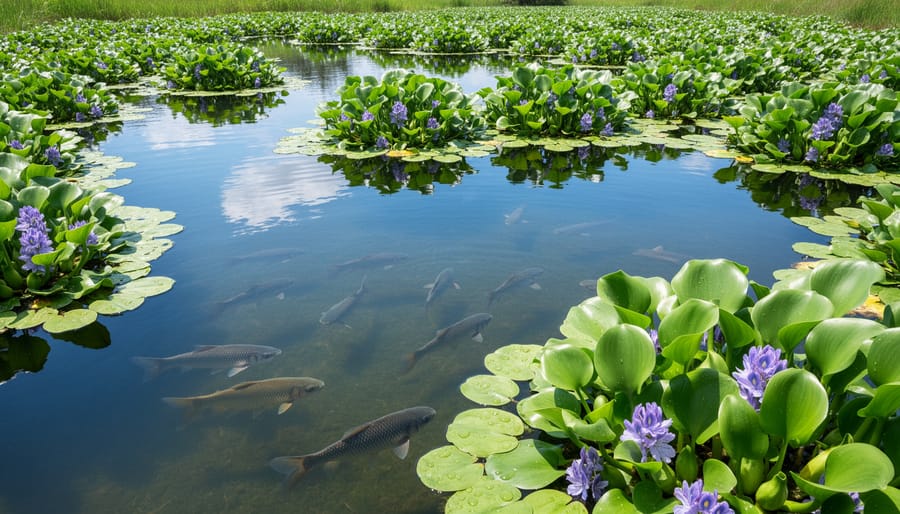 Overhead view of pond with balanced water hyacinth coverage and open water areas