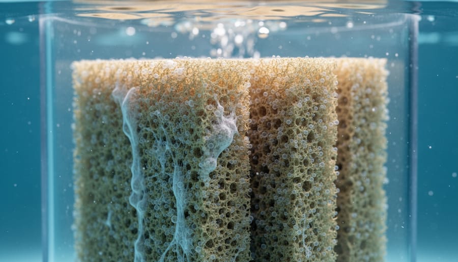 Close-up of beneficial bacteria biofilm on ceramic biological filter media in pond water