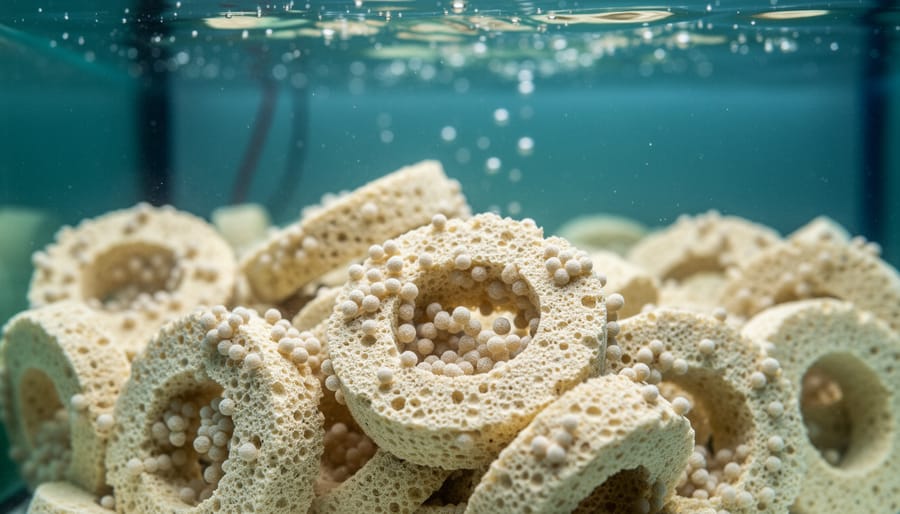 Close-up of lava rock filter media with beneficial bacterial growth