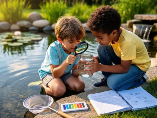 Two children kneel at the edge of a backyard pond, using a magnifying glass to examine a jar of water with nets, pH test strips, and journals nearby; lily pads, rocks, and a small filter spillway softly blurred in warm evening light.