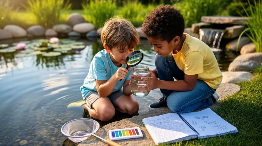 Two children kneel at the edge of a backyard pond, using a magnifying glass to examine a jar of water with nets, pH test strips, and journals nearby; lily pads, rocks, and a small filter spillway softly blurred in warm evening light.