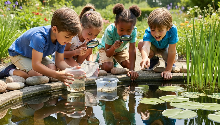 Children examining pond plants and water with magnifying glasses and nets