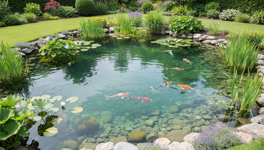 Clear garden pond with visible koi fish and aquatic plants showing healthy water quality