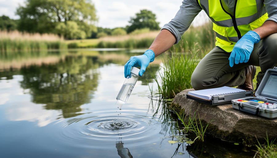 Hands collecting pond water sample in clear jar for testing