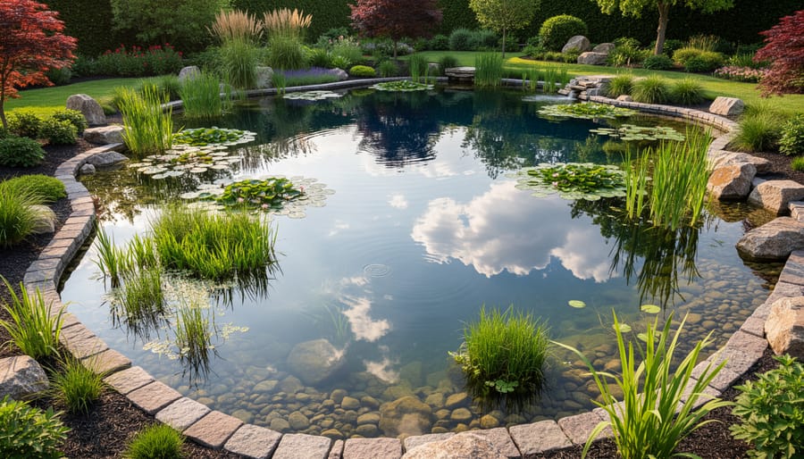 Overhead view of complete pond showing all aquatic zones from shallow edges to deep center
