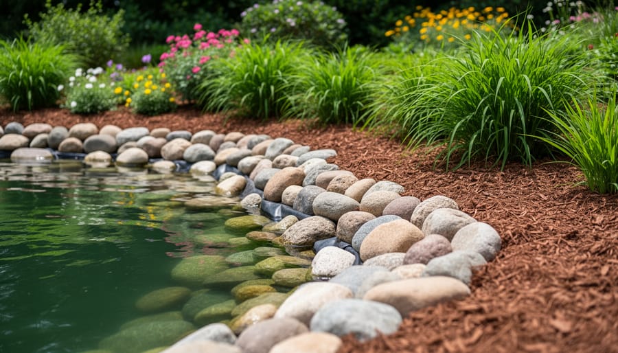 Pond tubing hidden under decorative rocks and mulch along water's edge