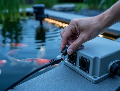 Close-up of a hand unplugging an Ethernet cable from a weatherproof smart pond controller next to a backyard koi pond at dusk, with LED-lit water and pond equipment blurred in the background.