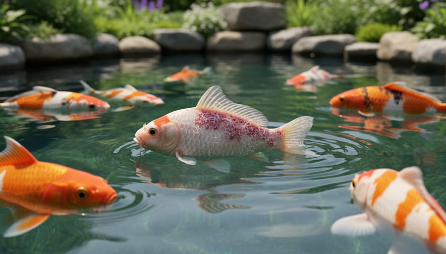 Close-up of koi fish showing early disease symptoms in pond water