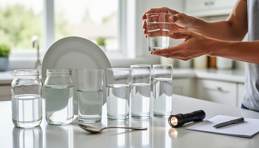 Hands lowering homemade white disk into pond water to test water clarity