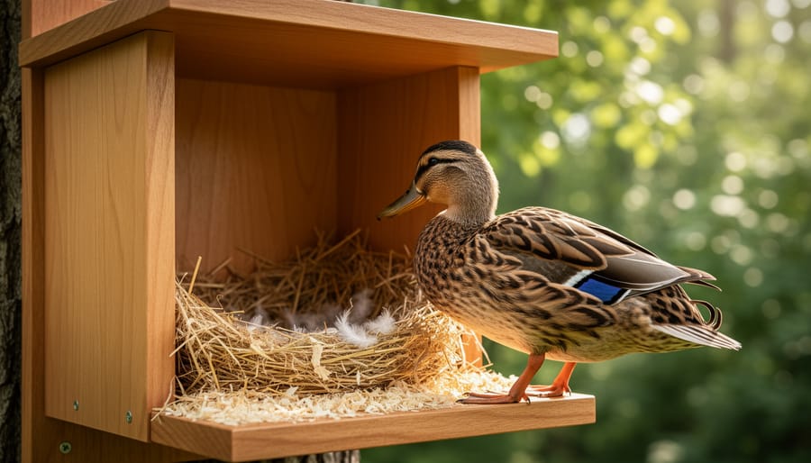 Hands adding wood shavings and nesting material to interior of duck nesting box