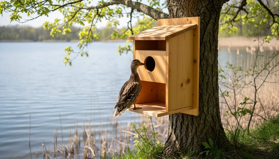 Female mallard duck examining natural nesting site near pond edge with cattails