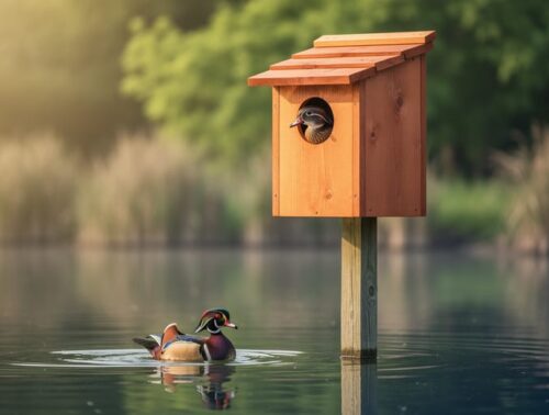 Cedar duck nesting box on a post about four feet above a pond, a female wood duck at the entrance and a male on the water below, lit by warm morning sun with cattails and trees in the background.