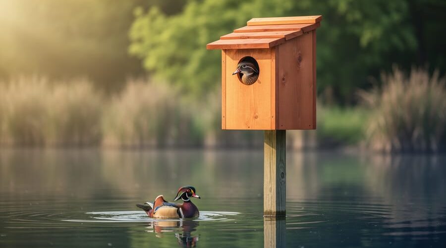 Cedar duck nesting box on a post about four feet above a pond, a female wood duck at the entrance and a male on the water below, lit by warm morning sun with cattails and trees in the background.