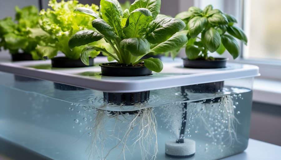 Close-up of healthy white plant roots suspended in clear oxygenated water with air bubbles
