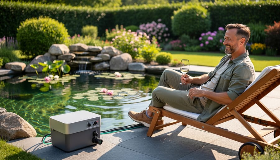 Person relaxing beside well-maintained backyard pond with fountain