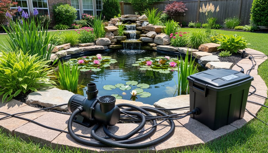 Visible pond pump and filter equipment sitting on rocks beside a natural pond