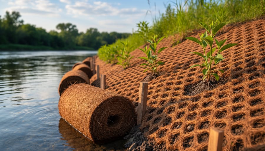 Pond shoreline protected with coconut fiber erosion control materials and emerging plant growth