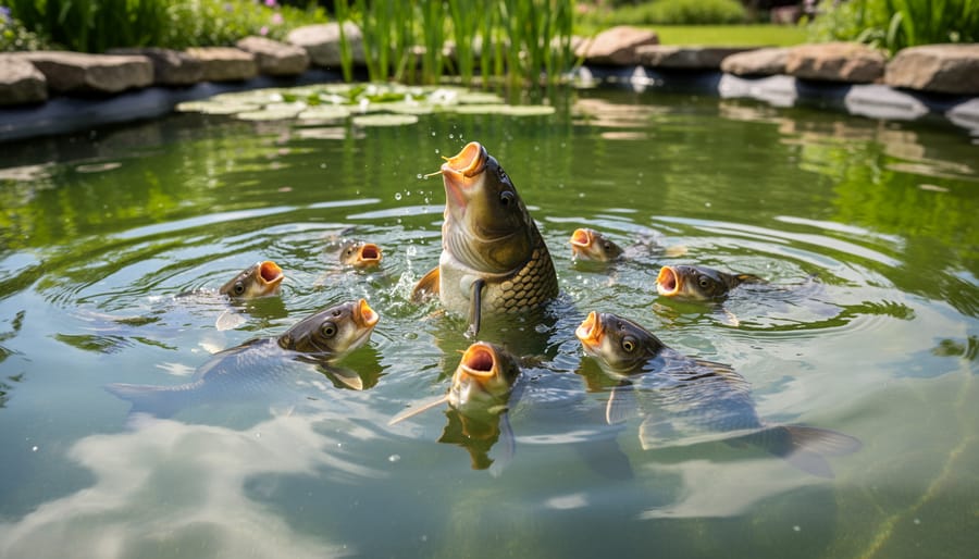 Fish gasping for air at pond surface showing oxygen deficiency