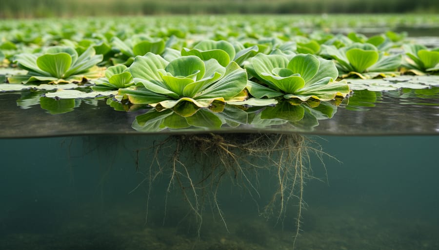 Floating aquatic plants including water lettuce and water hyacinth with visible root systems