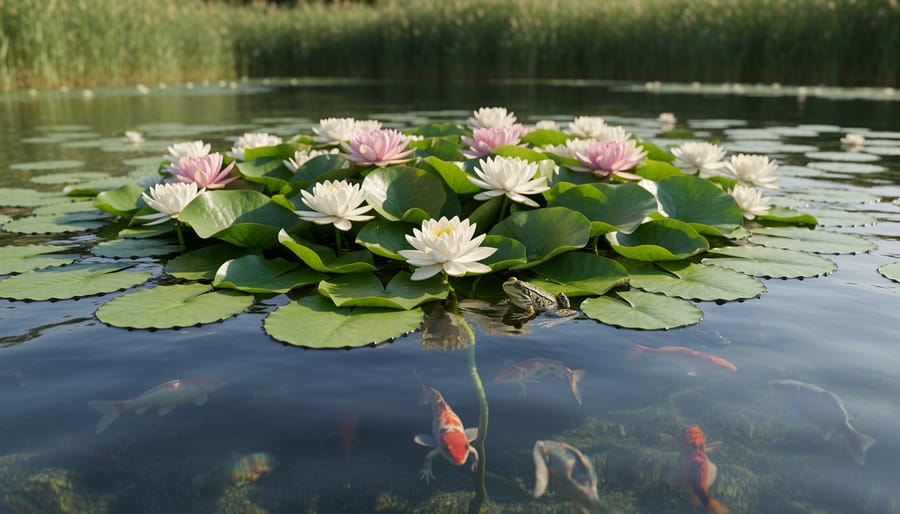 Overhead view of water lily pads and floating plants covering pond surface with water droplets