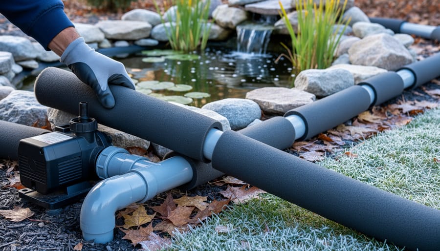 Black foam pipe insulation installed on outdoor water pipe near garden pond
