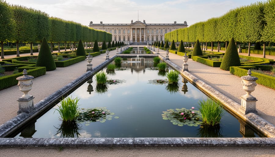 Aerial view of formal European garden pond with geometric design and ornate fountain