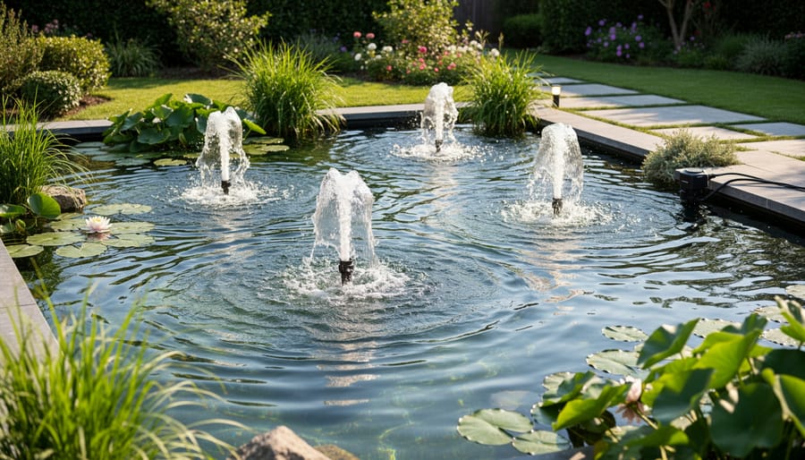 Garden pond with fountain creating moving water and ripples on surface