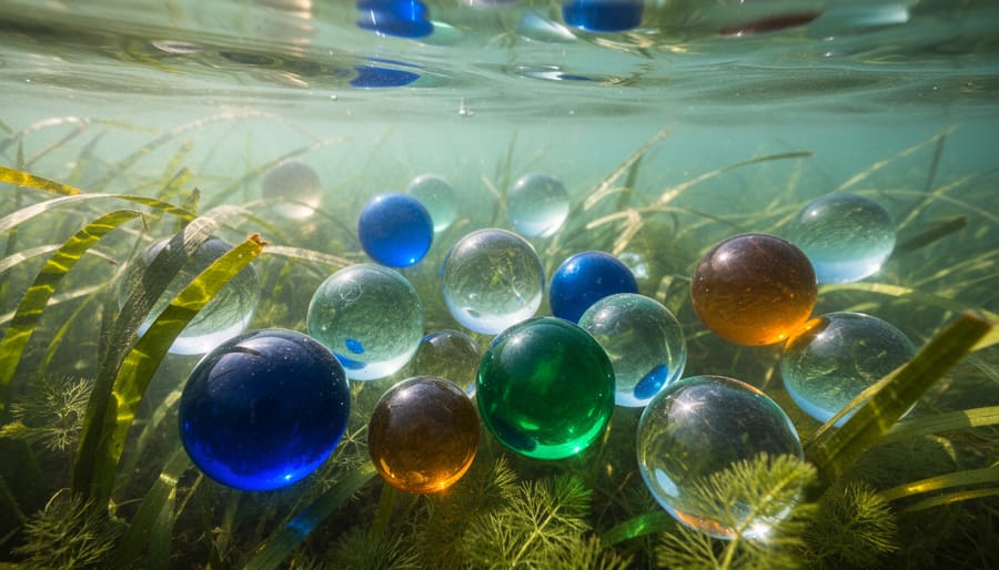 Colorful blown glass floats in blue, green, and yellow resting on water garden surface near lily pads