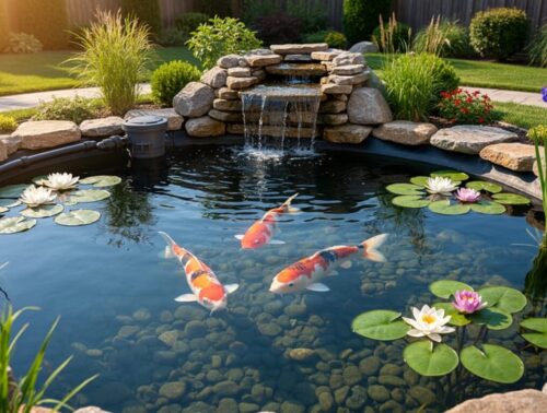 Crystal-clear backyard koi pond with lily pads, marginal plants, and a small rock-edged waterfall from a hidden biofilter; subtle in-line UV clarifier housing and pipes near the shore; soft golden-hour light with landscaped garden in the background.