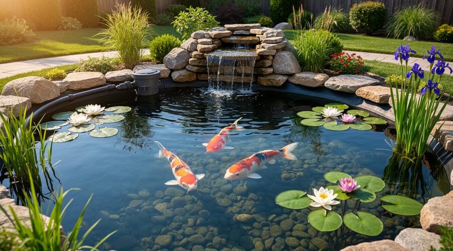Crystal-clear backyard koi pond with lily pads, marginal plants, and a small rock-edged waterfall from a hidden biofilter; subtle in-line UV clarifier housing and pipes near the shore; soft golden-hour light with landscaped garden in the background.