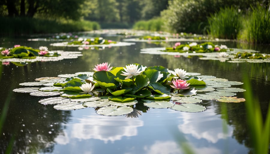 Water garden featuring water lilies and reflections in tranquil pond
