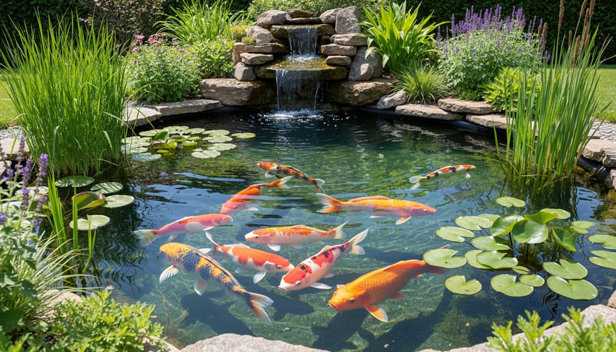 Healthy backyard pond with clear water, aquatic plants, and thriving fish in balanced ecosystem