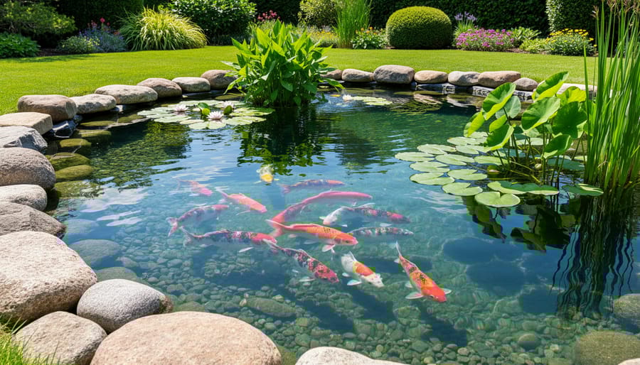 Clear koi pond with healthy colorful fish and aquatic plants in backyard setting