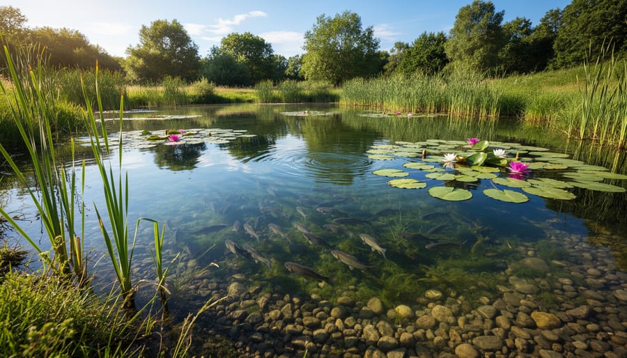 Clear pond water with healthy koi fish swimming among aquatic plants