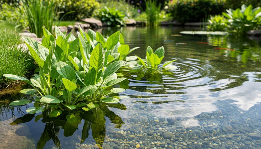 Healthy backyard pond with thriving aquatic plants and clear water