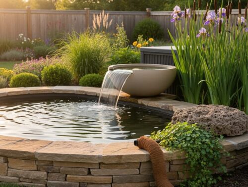 Serene backyard pond edged with stacked flagstone featuring a ceramic spillway bowl waterfall, tall cattails and iris screening a low filter box, a hypertufa hollow rock cover among flat rocks, and a coir-wrapped hose supporting creeping jenny, illustrating discreetly concealed pump, filter, and tubing.
